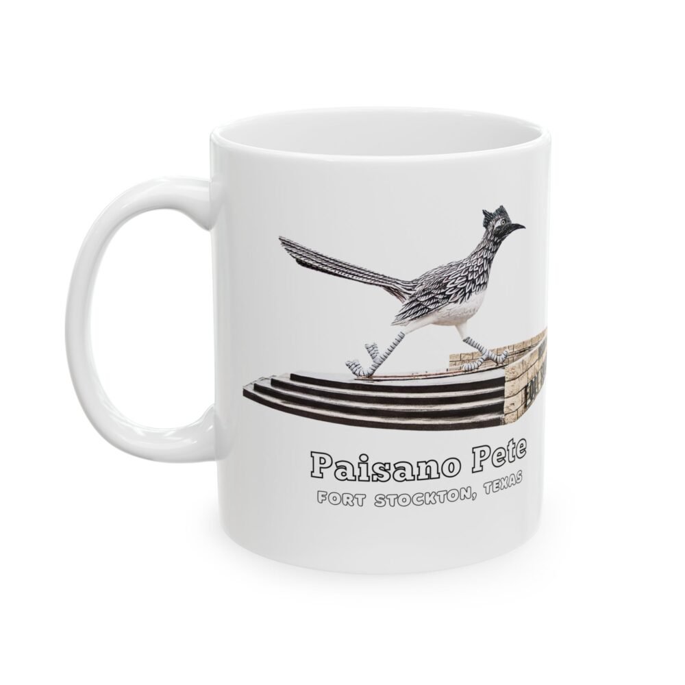 White ceramic coffee mug featuring Paisano Pete the Roadrunner statue from Fort Stockton, Texas.