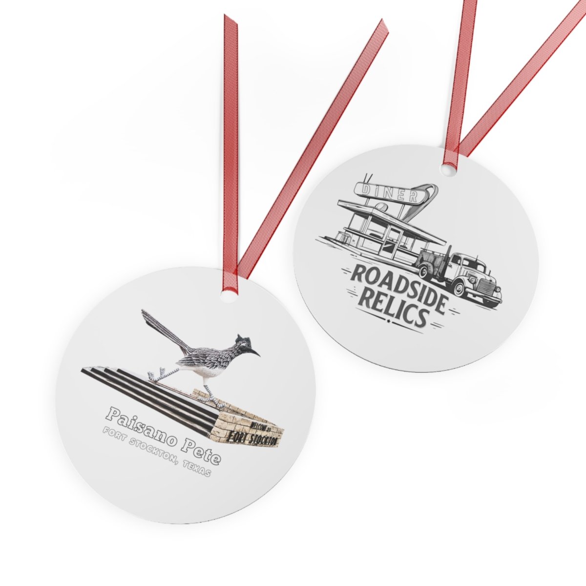 Round metal ornament with red ribbon, featuring Paisano Pete the Roadrunner on one side and a "Roadside Relics" diner and truck design on the other.