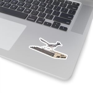 Laptop with a die-cut sticker of Paisano Pete the Roadrunner from Fort Stockton, Texas.