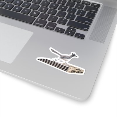 Laptop with a die-cut sticker of Paisano Pete the Roadrunner from Fort Stockton, Texas.