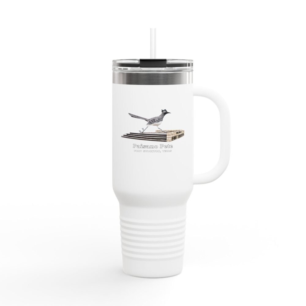 White travel tumbler with a clear lid and straw, featuring an illustration of Paisano Pete the Roadrunner from Fort Stockton, Texas.