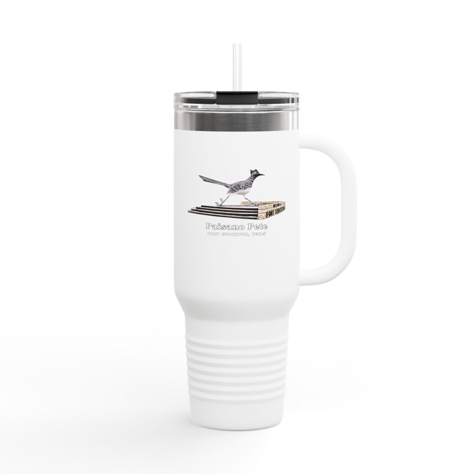 White travel tumbler with a clear lid and straw, featuring an illustration of Paisano Pete the Roadrunner from Fort Stockton, Texas.