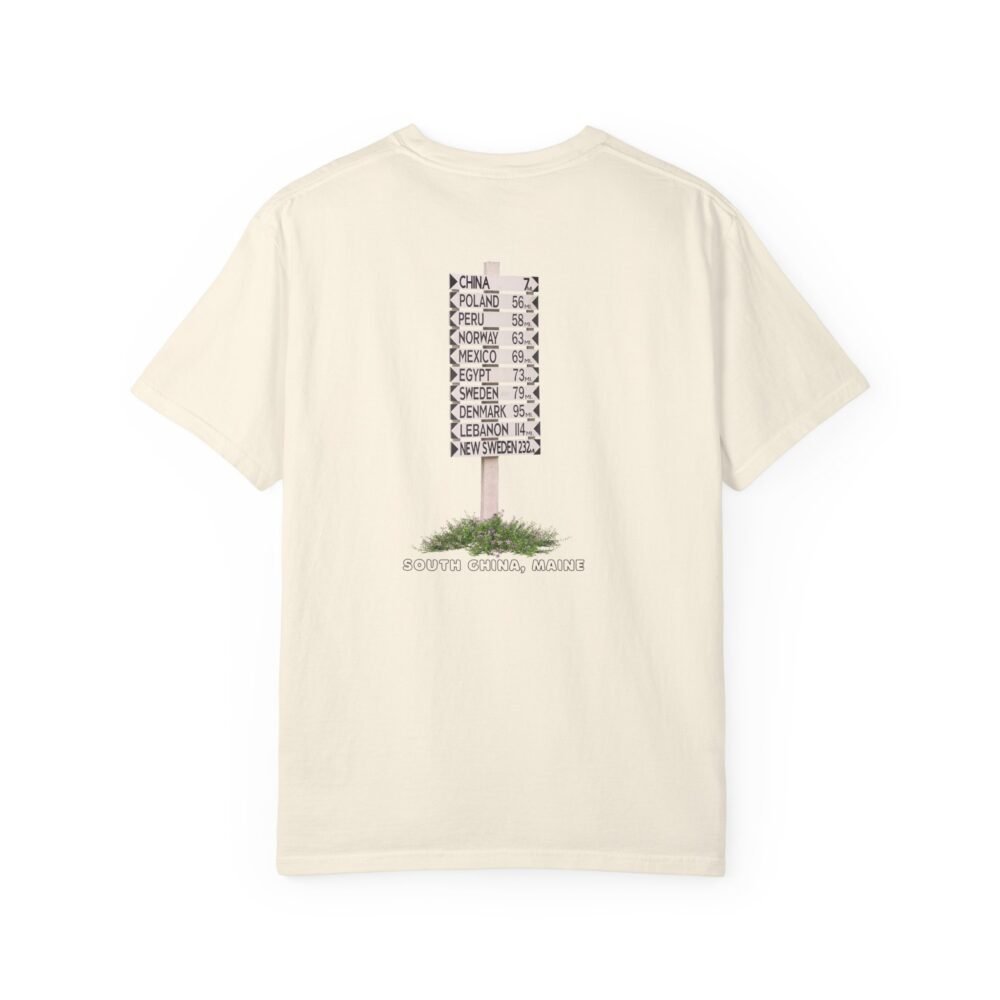 A dark t-shirt shows a vintage-style signpost. Its arms point to distant cities like London, Paris, Tokyo, and more.