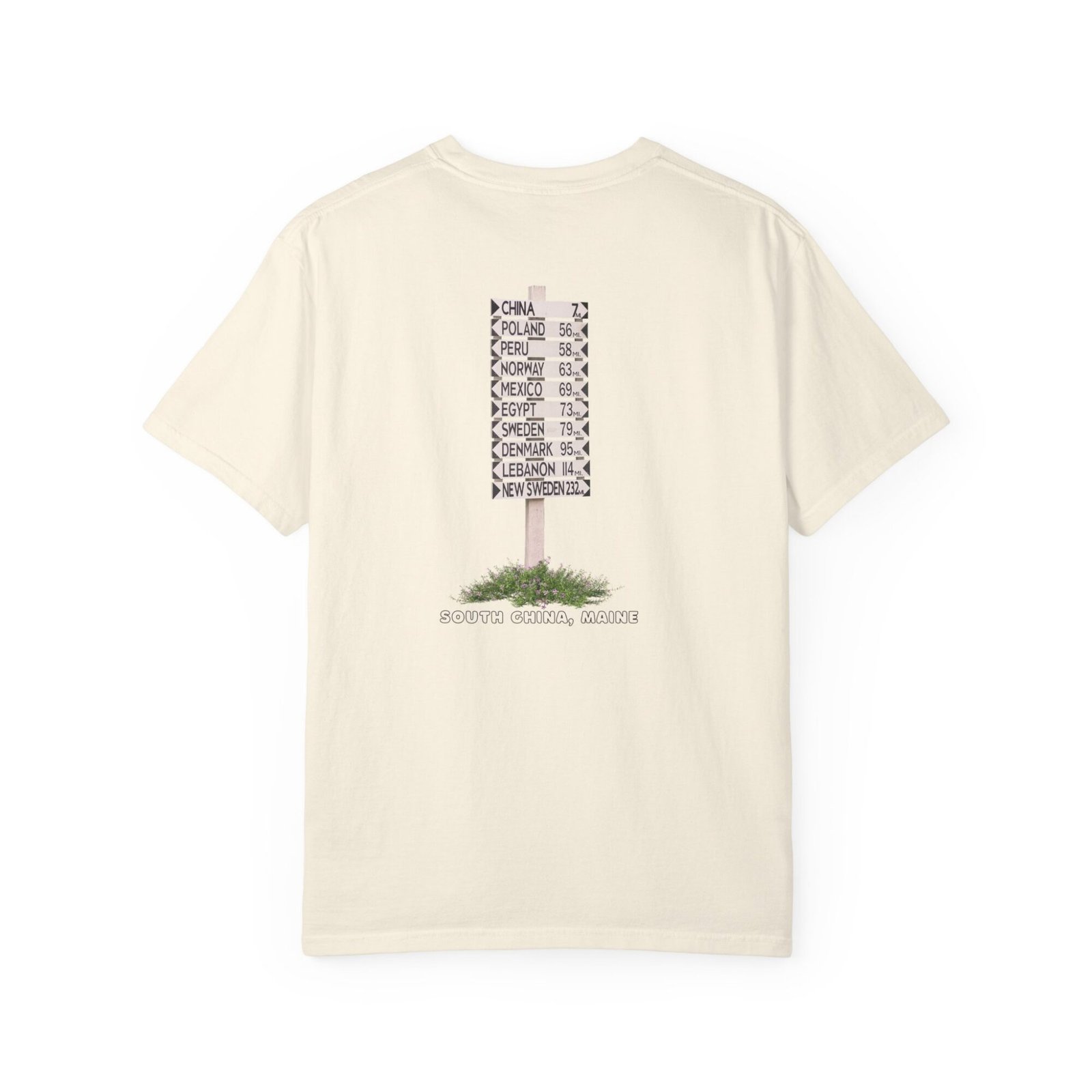 A dark t-shirt shows a vintage-style signpost. Its arms point to distant cities like London, Paris, Tokyo, and more.